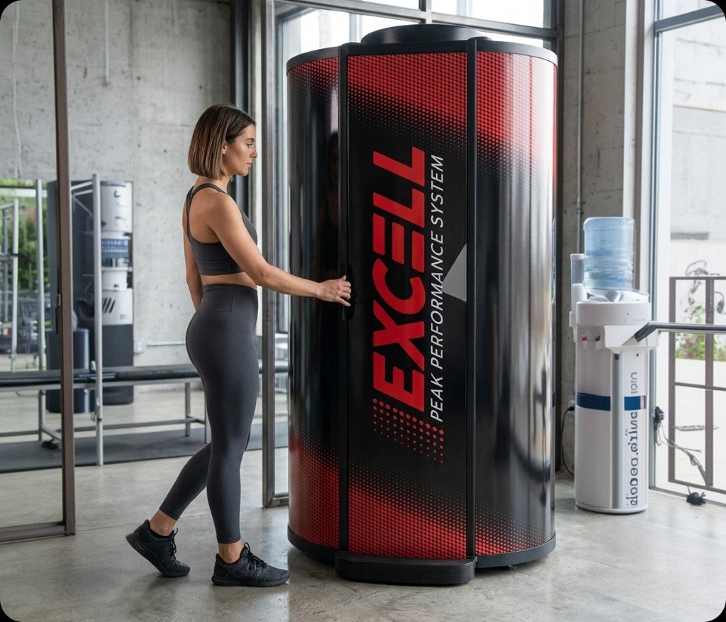 Member opening the EXCELL Peak Performance System in a gym studio