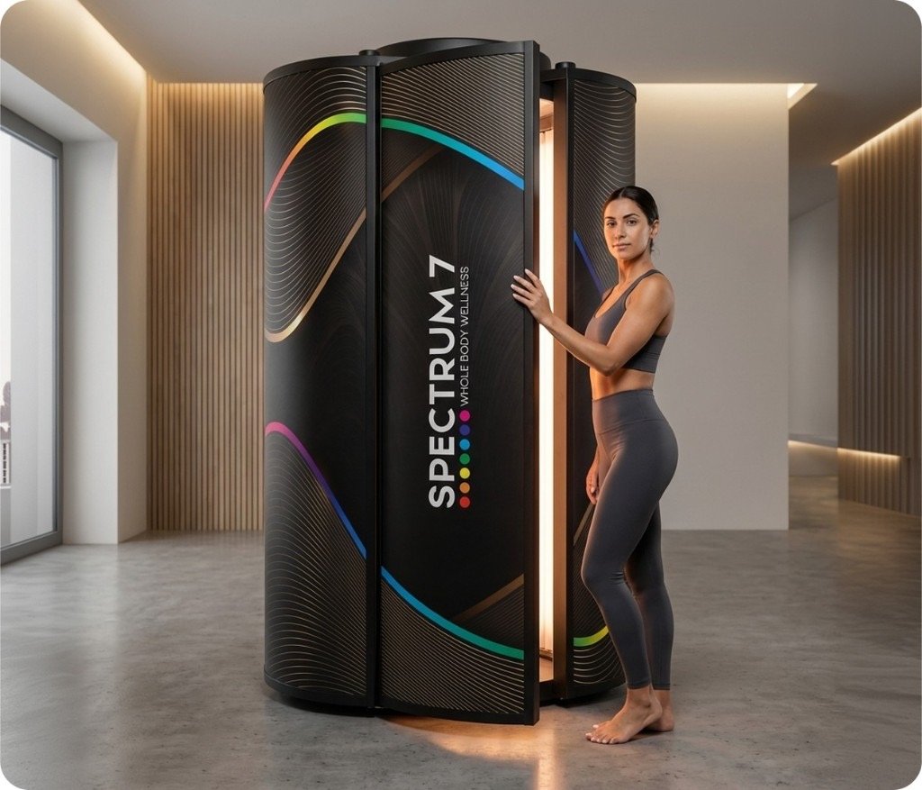 EXCELL Spectrum 7 red light therapy capsule in a modern wellness studio